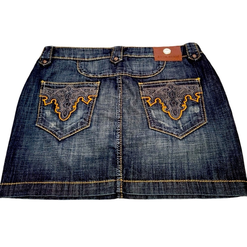 Antik Denim Dark Wash Mini-skirt, button fly, sz 31 - Picture 2 of 12